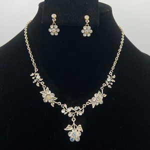 Vintage Silver Tone AB Crystal Flowers Necklace and Earring Set - S1058-S2